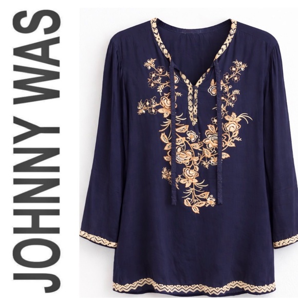 Johnny Was Navy Embroidered Boho Tunic TopFloral Silk Blend
